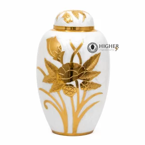 White Enameled Brass Funeral Cremation Urns for Adult | Floral Design Urns Manufacturer