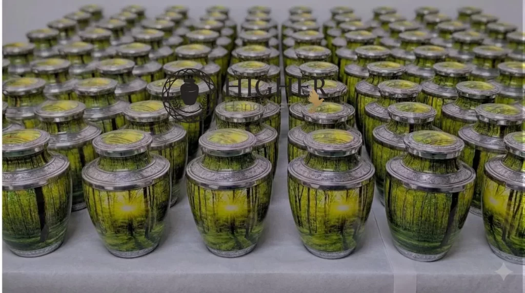 forest-themed enameled cremation urns